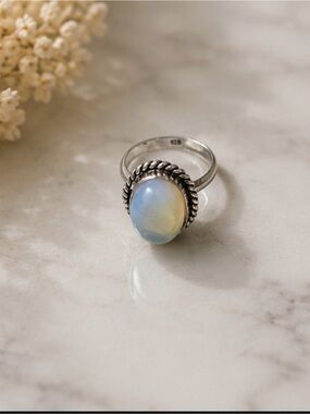 Sterling Silver Moonstone Oval Ring - Opalescent Blue